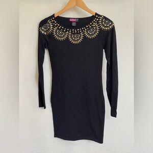 Say What? Black Knit Mini Dress w/ Gold Studded Collar Detail Size M